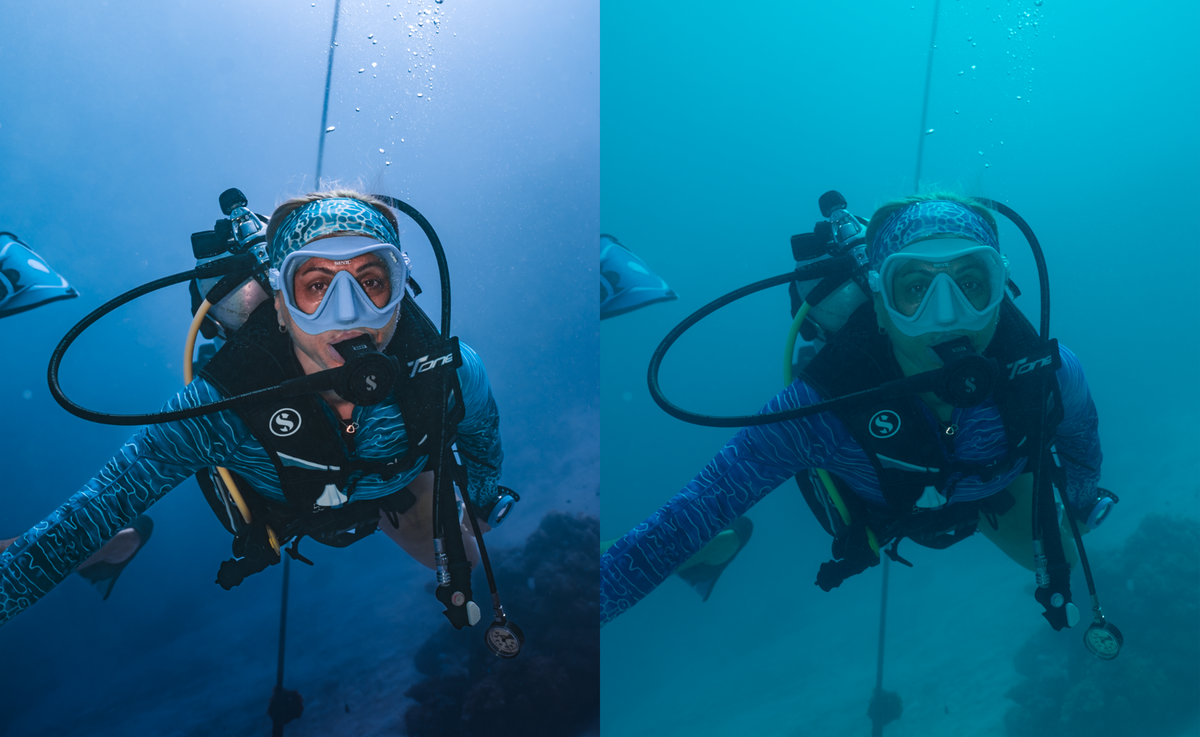 A split-screen underwater photograph showing a scuba diver from the front. The left side has natural blue water tones, while the right side has a strong teal/blue color cast, likely demonstrating a color-temperature effect on underwater photos.
