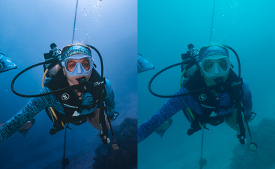 A split-screen underwater photograph showing a scuba diver from the front. The left side has natural blue water tones, while the right side has a strong teal/blue color cast, likely demonstrating a color-temperature effect on underwater photos.