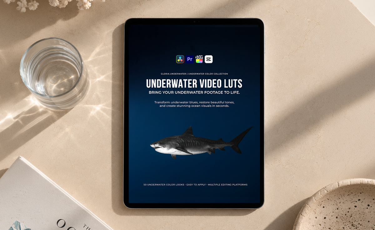A tablet lying on a beige tabletop, displaying a dark blue underwater-themed video color grading guide titled 'UNDERWATER VIDEO LUTS' with a shark illustration. The scene is styled with a glass of water, dried flowers, a book, and a ceramic bowl in soft sunlight.